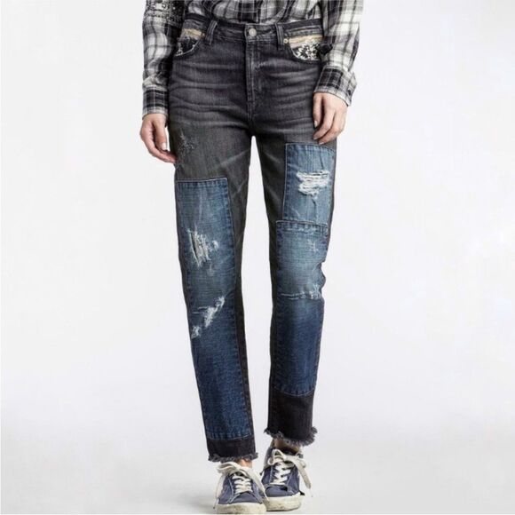 MM VINTAGE | NEW Boyfriend Two Tone Embroidered Boho Jeans Women’s Size 27 - Picture 1 of 13